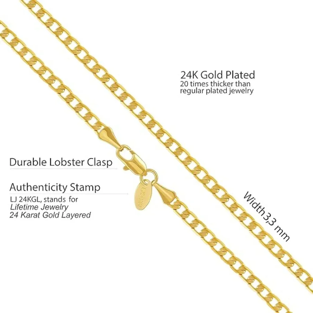 LIFETIME JEWELRY Beveled Cuban Link Curb Chain Necklace 24k Gold Plate 20